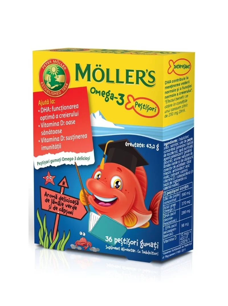 Pestisori gumati cu Omega 3 cu aroma de capsuni 36 jeleuri Moller's