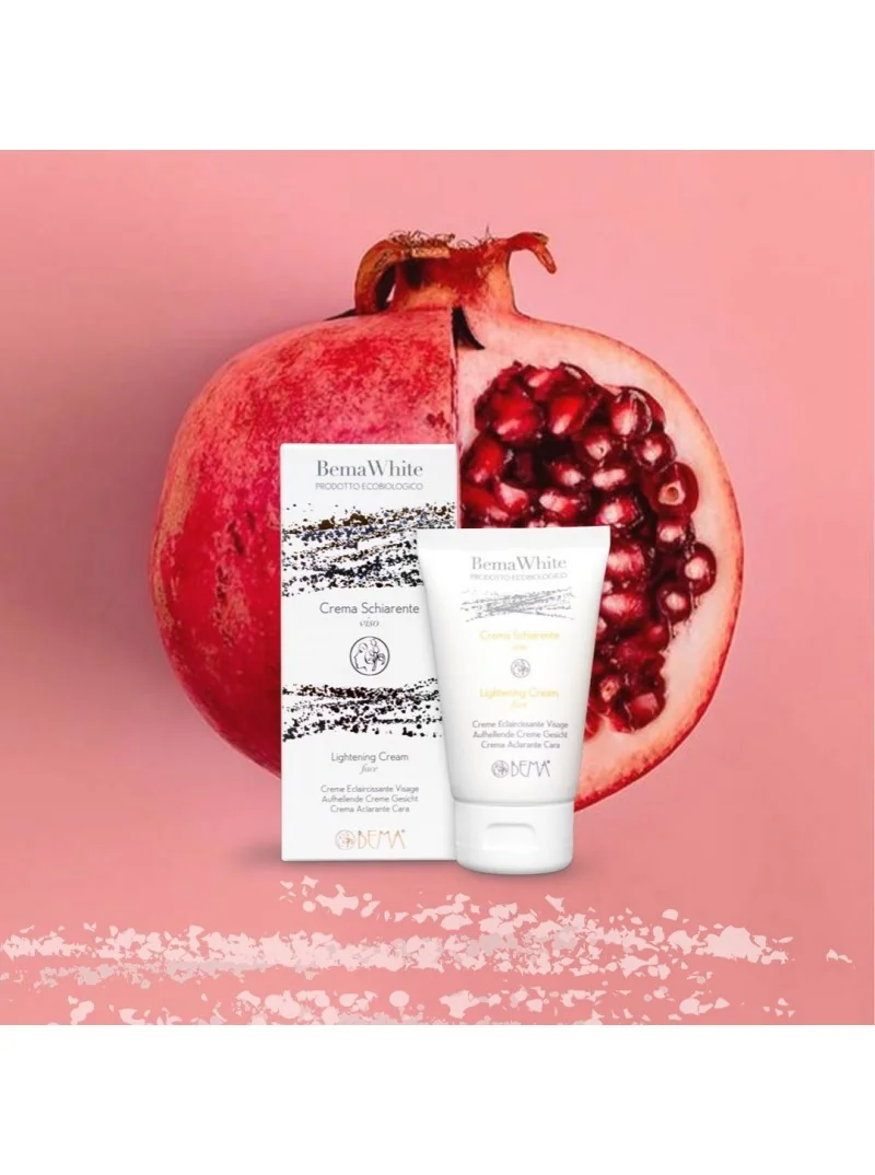 Crema cu efect de albire pentru fata White 50ml Bema si fundal cu o rodie