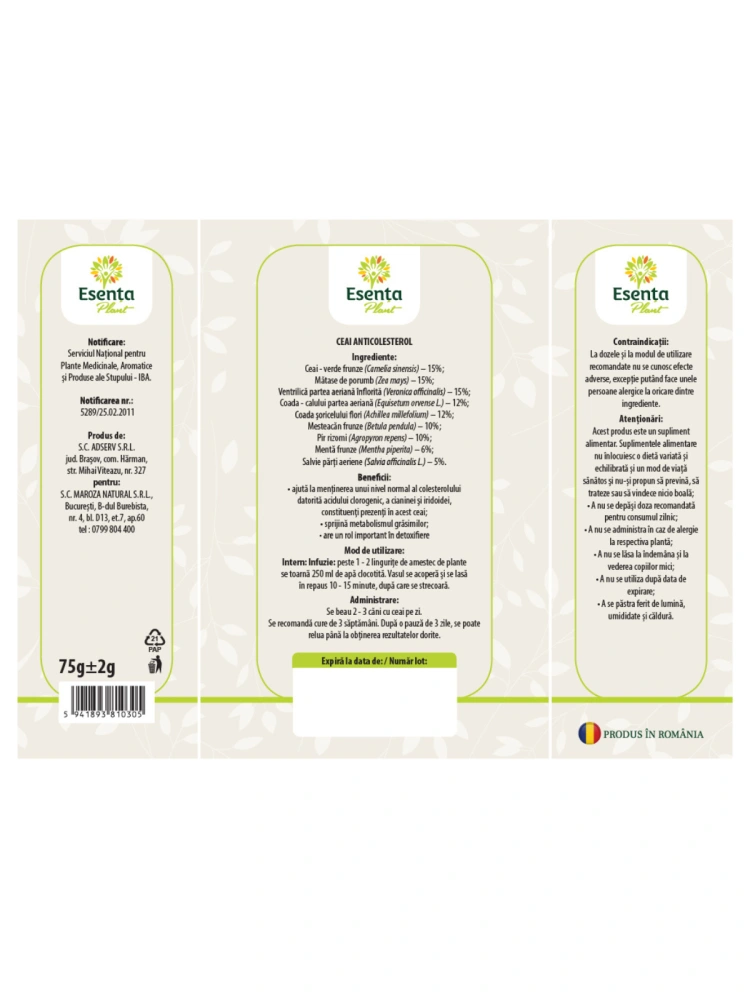 Ceai anticolesterol 75g Esenta Plant