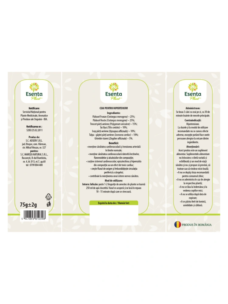 Ceai pentru hipertensivi 75g Esenta Plant