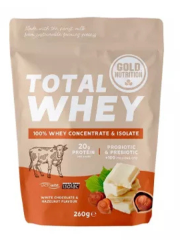 Pudra proteica Total Whey cu ciocolata alba si alune 260g GoldNutrition
