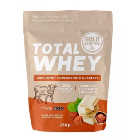 Pudra proteica Total Whey cu ciocolata alba si alune 260g GoldNutrition